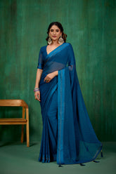Elegant Teal Chiffon Swarovski Ready to Wear Saree - Shop Now for Glamorous Style-RTW-4096